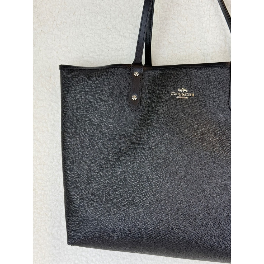 Coach City Tote Reversible Black Crossgrain Leather Gingham Plaid Handbag - Picture 3 of 11